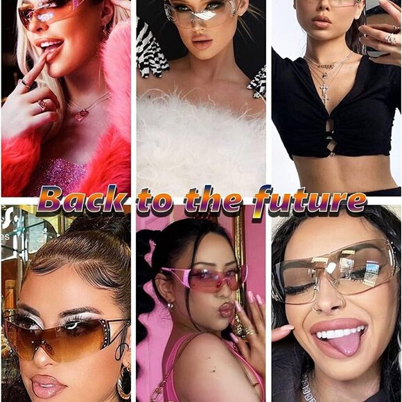 Y2K Sunglasses For Women Men Fashion Shield Rimless Wrap Around Sunglass Gradien - Picture 2 of 7